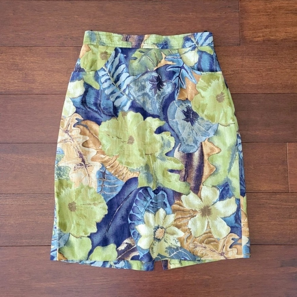 Bogner Linen Knee Length High Waist Lined Floral Pencil Skirt Est Women's Size S